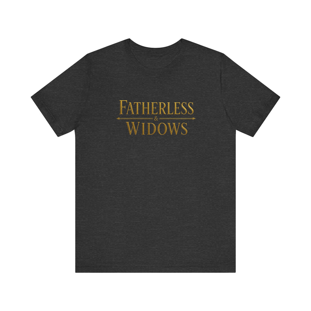 Fatherless and Widows faith-based statement unisex t-shirt, minimalist text on dark tee