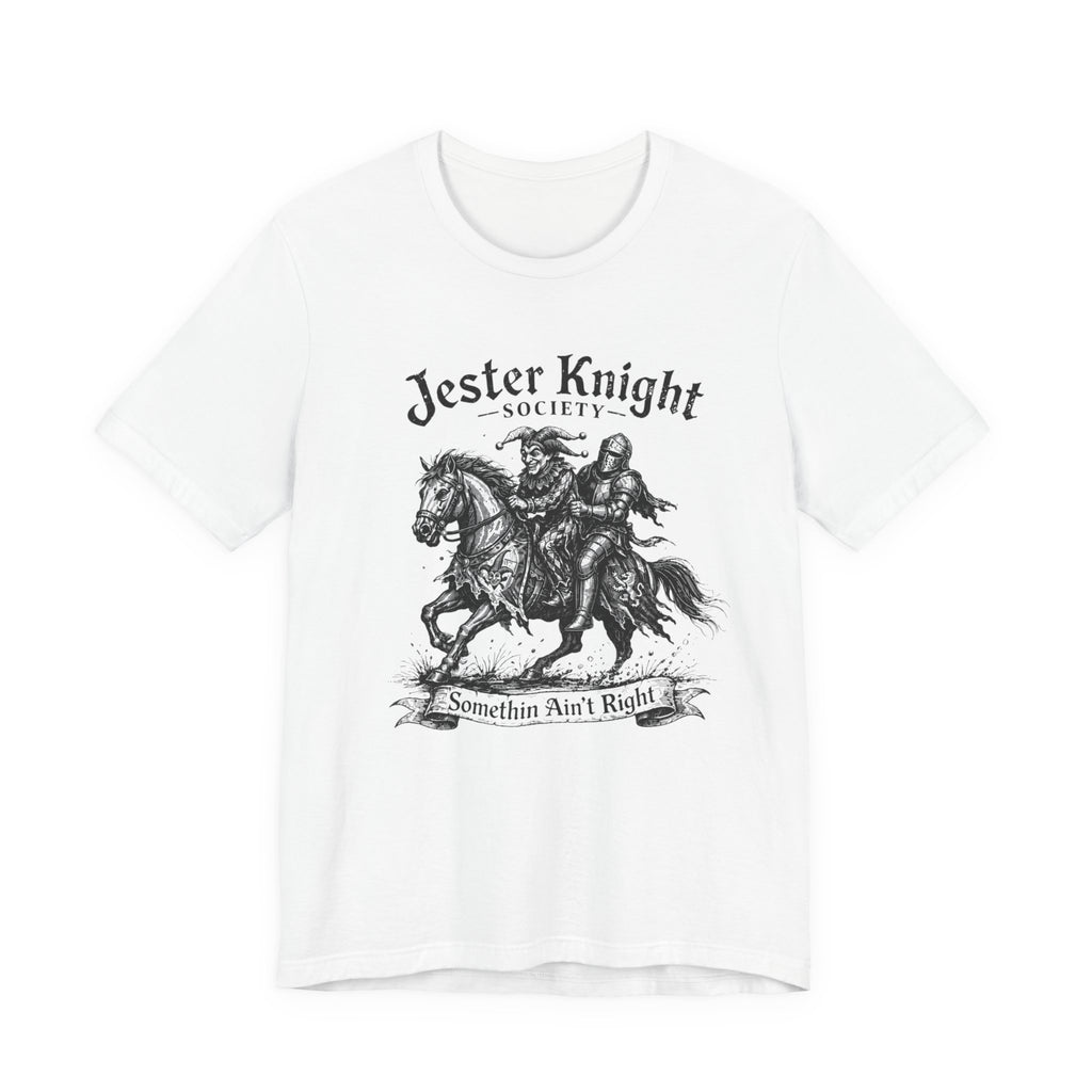 Jester Knight Society vintage medieval illustration unisex t-shirt, horseback knight graphic tee