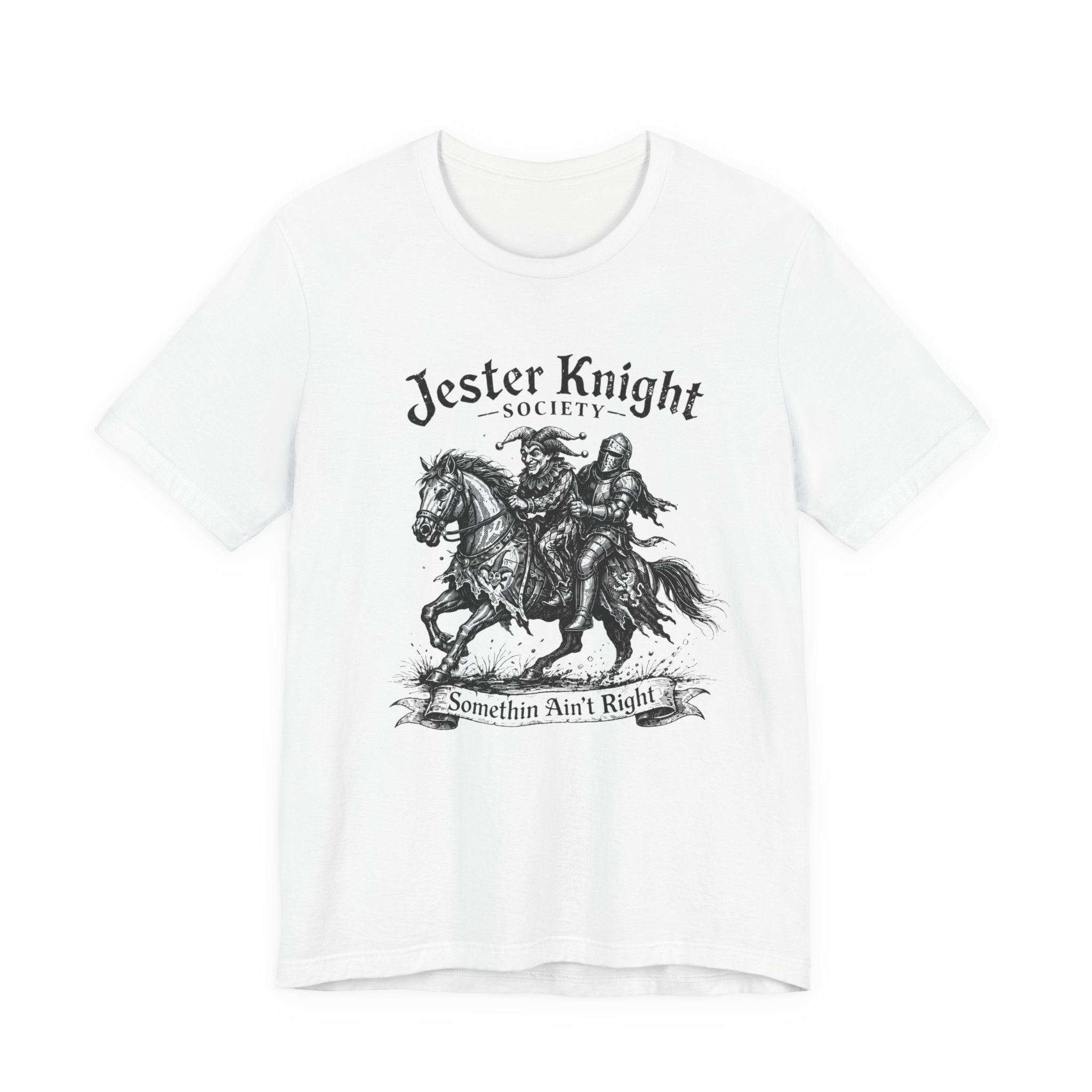 Jester Knight Society vintage medieval illustration unisex t-shirt, horseback knight graphic tee