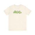 Moist Seepage funny gross humor unisex t-shirt, layered bold text graphic on white tee